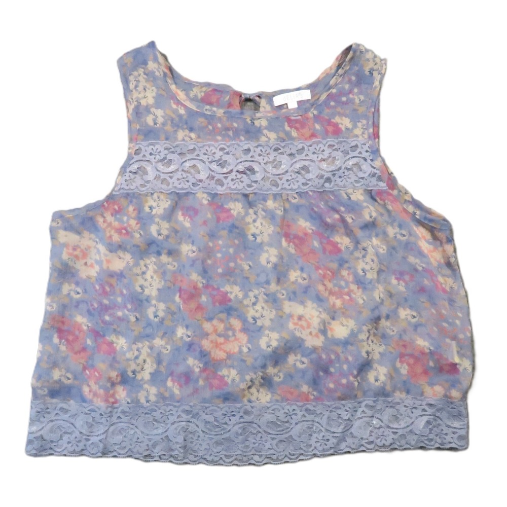 Delias Floral Sheer Tank Top M Blue Purple Pastel Lace Trim Boho Y2k Cottagecore